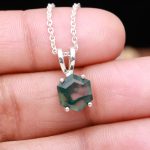 Unique Green Moss Agate Hexagon Cut Pendant with Chain 925 Sterling Silver Statement Jewelry for Lovers