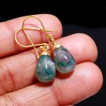 Natural Moss Agate Teardrop Shape Designer Drop And Dangle Gold Earrings Wedding Gift