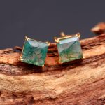 Natural Moss Agate Square Shape Statement Gold Stud Earrings Birthday Gift