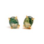 Natural Moss Agate Oval Shape Dainty Gold Stud Earrings for Women