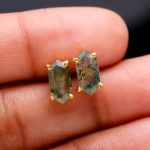 Natural Moss Agate Elongated Hexagon Handmade Gold Stud Earrings for Sister