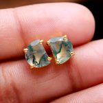 Natural Moss Agate D Shape Designer Gold Stud Earrings for Women