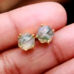Natural Moss Agate Hexagon Cut Lightweight Gold Stud Earrings for Her