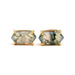 Natural Moss Agate Hexagon Unique Gold Stud Earrings Perfect Gift