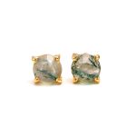 Natural Moss Agate Round Stone Minimalist Gold Stud Earrings Gift for Wife