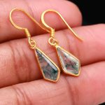 Natural Moss Agate Kite Shape Statement Drop And Dangle Gold Earrings Gift For her