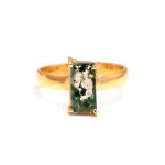 Natural Green Moss Agate Baguette Shape Vintage 14k Gold Ring Christmas Gift