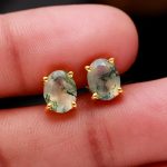 Natural Moss Agate Oval Tiny Gold Stud Earrings Perfect Gift