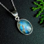 Natural Blue Fire Moonstone Chain Necklace 925 Sterling Silver Healing Pendant with Chain for Her