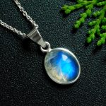 Blue Fire Moonstone Chain Pendant Necklace 925 Sterling Silver Oval Shape Pendant with Chain