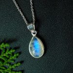 Genuine Blue Fire Rainbow Moonstone Chain Pendant Necklace 925 Sterling Silver Wedding Jewelry