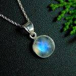 100% Natural Blue Fire Moonstone Round Cabochon 925 Sterling Silver Pendant with Chain Necklace