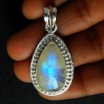 Natural Blue Fire Rainbow Moonstone Pear Shape Vintage 925 Sterling Silver Pendant for Women