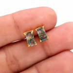 Natural Moss Agate Rectangle Shape Dainty Gold Stud Earrings Birthday Gift
