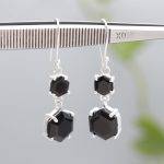 Black Onyx Natural 925 Sterling Silver 2 Stones Dangle Earrings Handmade Vintage Jewelry