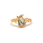 Natural Green Moss Agate Pear Shape Leaf Design Dainty Gold Ring Christmas Gift