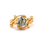 Natural Moss Agate Hexagon Shape Leaf Design Stackable Gold Ring Gift For Woman