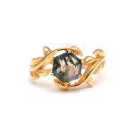 Natural Green Moss Agate Hexagon Shape Leaf Design Dainty Gold Ring Unique Birthday Gift