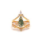  Natural Green Moss Agate Kite Shape Crown Design Bohemian Gold Ring Wedding Gift