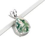 Solid 925 Sterling Silver Designer Jewelry with Natural Green Moss Agate Gemstone Pear Cabochon Pendant for Women