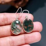 Natural Moss Agate Oval Shape 925 Sterling Silver Designer Dangle Earrings Jewelry Gift For Mom