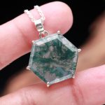 Natural Moss Agate Hexagon Shape 925 Sterling Silver Vintage Necklace Pendant Jewelry Gift For Mom