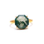 Genuine Moss Agate Octagon Shape Engagement Gold Ring Gift For Girlfriend