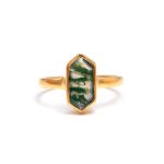 Natural Moss Agate Elongated Hexagon Shape Minimalist Gold Ring Gift For Woman