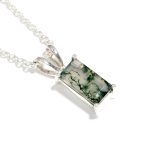 925 Sterling Silver Chunky Jewelry Moss Agate Baguette Shape Chain Pendant Green Gemstone Necklace for Women