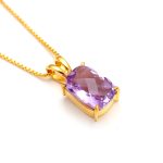 Natural Pink Amethyst Rectangle Cushion Pendant Necklace Handmade Gold Jewelry