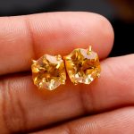 Natural Citrine Quartz Hexagon Shape Gold Stud Earrings Perfect Birthday Gift