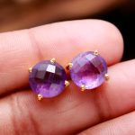 Natural Pink Amethyst Round Handmade Stud Earrings Gold Jewelry Wedding Gift
