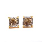 Natural Black Rutile Quartz Square Shape Elegant Gold Stud Earrings for Wedding Gift