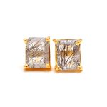 Natural Black Rutile Quartz Octagon Handmade Gold Stud Earrings for Women