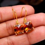 Natural Citrine Quartz Cushion Shape Gold Dangle Earrings Unique Wedding gift
