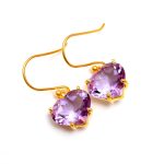 Natural Pink Amethyst Heart Shape Dangle Earrings Minimalist Gold Jewelry for Her