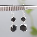 Natural Black Onyx Hexagon Shape Double Stone Dangle Earrings 925 Sterling Silver Healing Jewelry