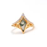 Natural Moss Agate Moissanite Kite Shape Gold Engagement Crown Ring Designer Jewelry gift For Mom