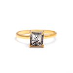 Natural Black Rutile Quartz Square Shape Vintage Gold Ring Boho Gold Jewelry Birthday Gift