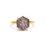Natural Black Rutile Quartz Hexagon Shape Designer Gold Ring Wedding Gold Jewelry Gift For Her