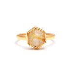 Natural Golden Rutile Hexagon Elegant Bezel Gold Ring Solitaire Jewelry Wedding gift For Woman