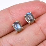 Natural Blue Fire Labradorite Oval Stud Earrings 925 Sterling Silver Handmade Jewelry for Her