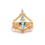 Natural Blue Topaz Kite Shape Crown Design Gold Ring Engagement Jewelry for Women