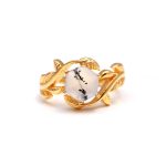 Natural Dendrite Opal Hexagon Shape Leaf Design Engagement Gold Ring Jewelry Wedding Gift