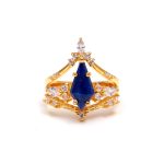 Natural Blue Lapis Lazuli Kite Shape Crown Gold Promise Ring Jewelry For Her