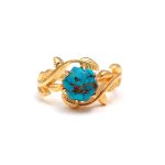 Natural Blue Turquoise Hexagon Shape Gold Leaf Ring Vintage Gold Jewelry Birthday Gift