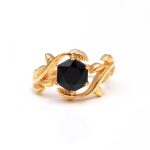 Natural Black Onyx Hexagon Shape Gold Leaf Ring Engagement Gold Jewelry Gift For Women