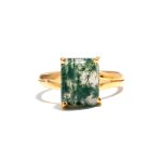 Natural Green Moss Agate Octagon Healing Crystal Ring Boho Gold Jewelry Wedding Gift