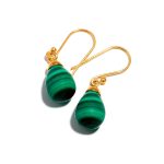 Natural Malachite Teardrop Dangle Gold Earring Vintage Jewelry