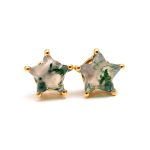Natural Moss Agate Star Unique Stud Earrings Gemstone Gold Jewelry